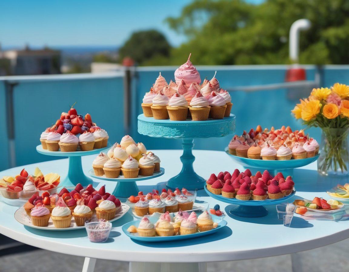 A beautifully arranged dessert table featuring a variety of colorful and whimsical ice cream creations, each one topped with unique and playful toppings, surrounded by joyful people enjoying their sweet treats in a sunny outdoor setting. Include soft pastel colors and a clear blue sky in the background, emphasizing the feeling of happiness and celebration. super-realistic. vibrant colors. bright and cheerful atmosphere.