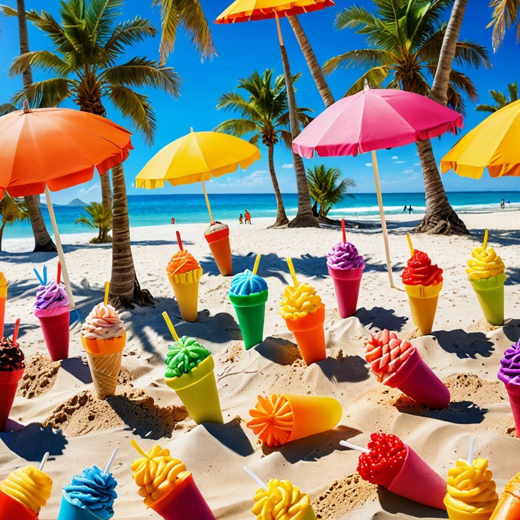A vibrant summer scene featuring an array of colorful frozen treats like popsicles, ice cream cones, and slushies, all arranged on a sunlit beach with happy people enjoying them. Bright beach umbrellas and palm trees in the background, with cheerful expressions on everyone's faces to convey the joyful vibes of summer. The image should evoke a sense of happiness and relaxation. super-realistic. vibrant colors. sunny atmosphere.